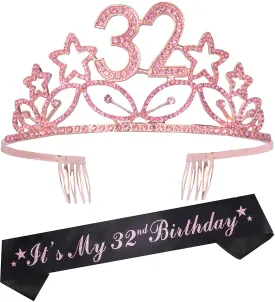 32nd Birthday Gifts for Women, 32nd Birthday Tiara and Sash Pink, HAPPY 32nd Birthday