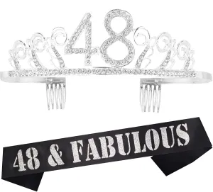 48th Birthday Gifts for Woman, 48th Birthday Tiara and Sash silver, HAPPY 48th Birthday