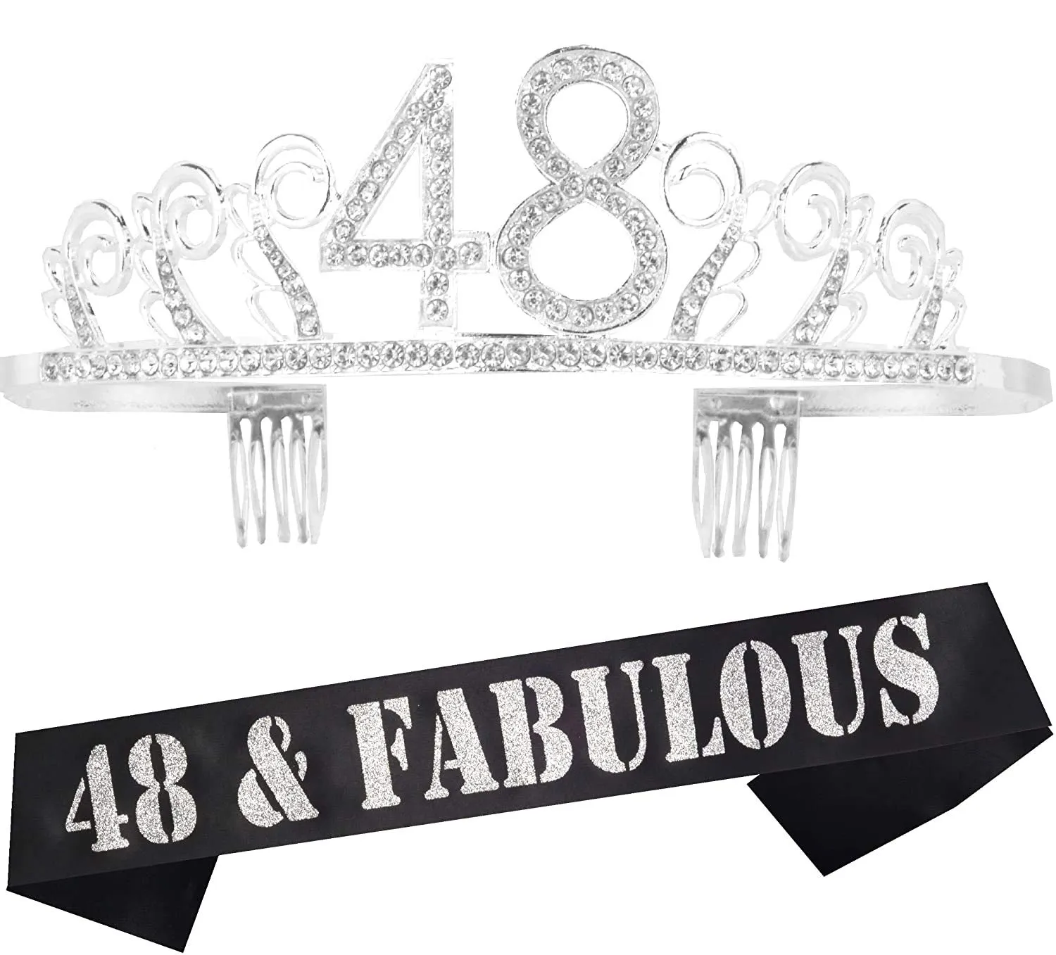 48th Birthday Gifts for Woman, 48th Birthday Tiara and Sash silver, HAPPY 48th Birthday