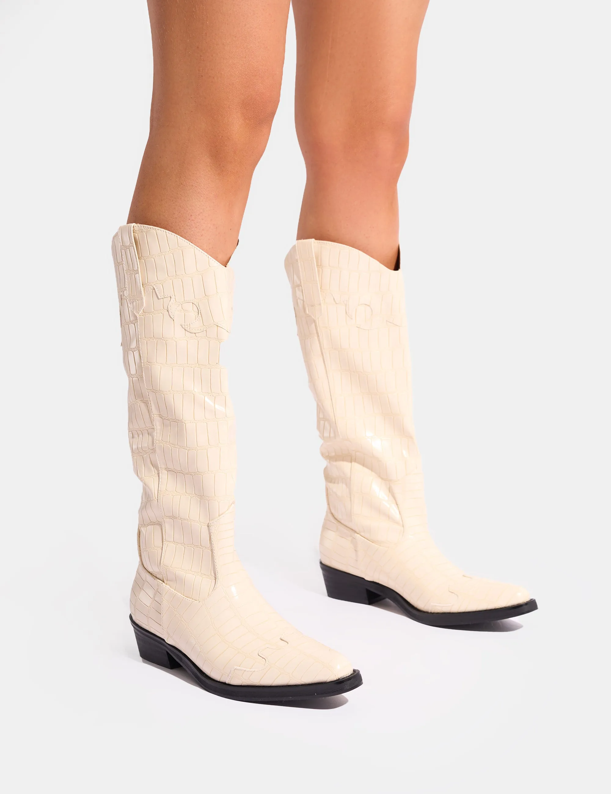 Apollo Cream Stitch Flat Western Knee High Boots