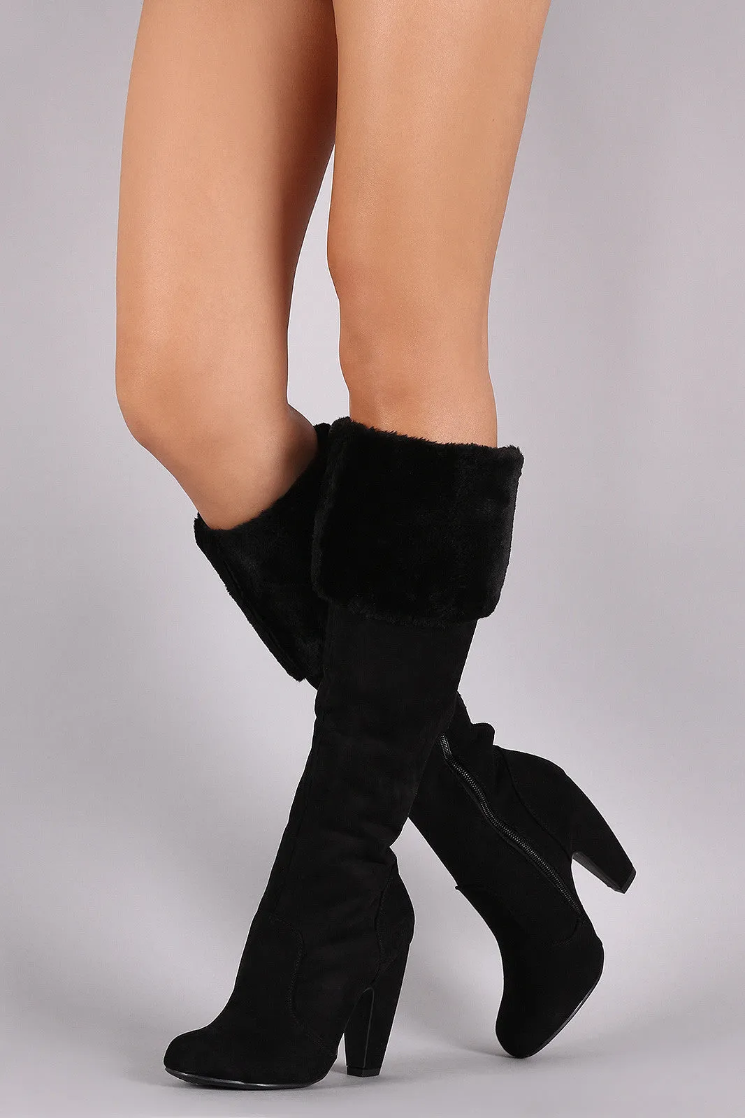 Bamboo Faux Fur Cuff Heeled Suede Boots