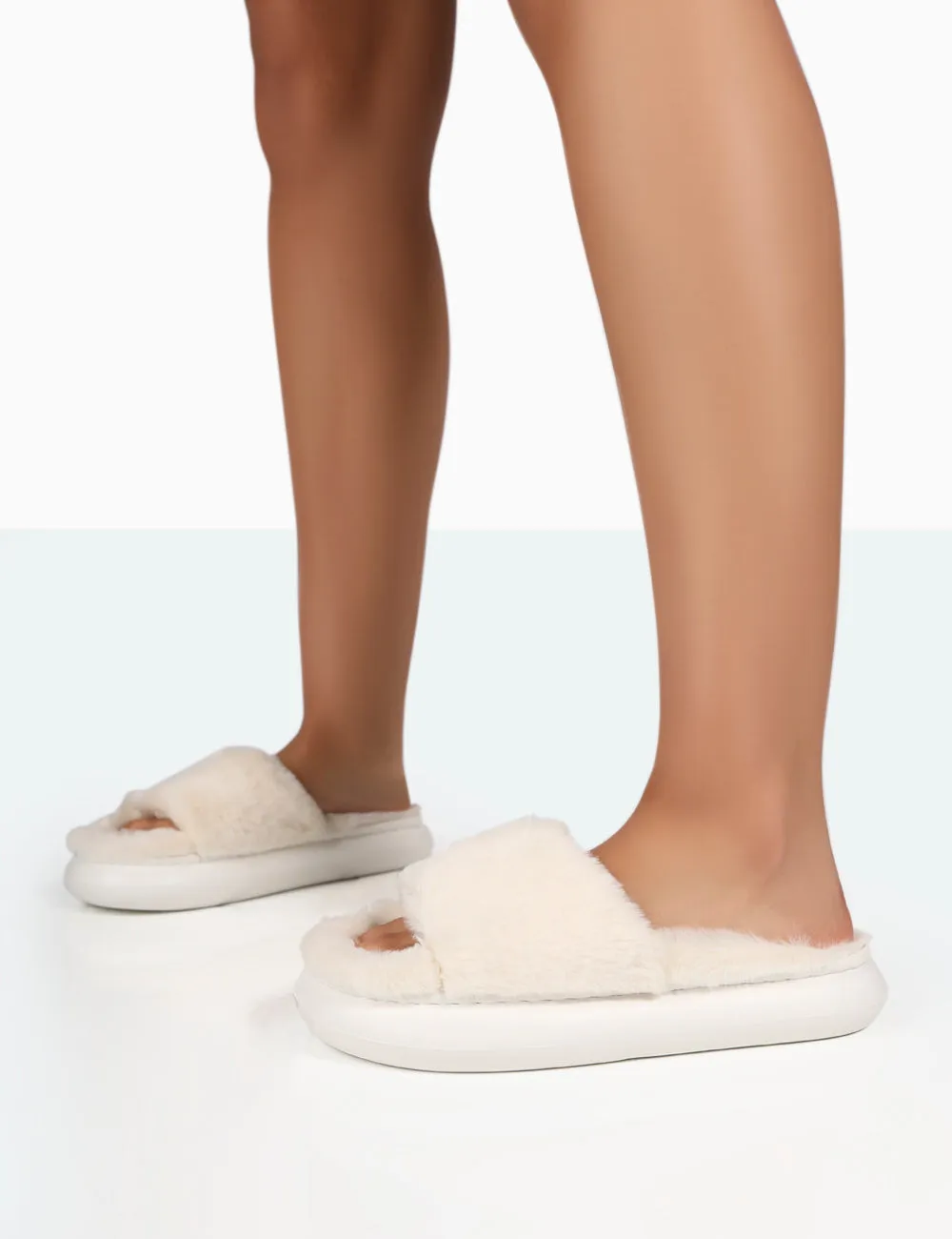 Bashful Ecru Faux Fur Chunky Sole Slider Slippers