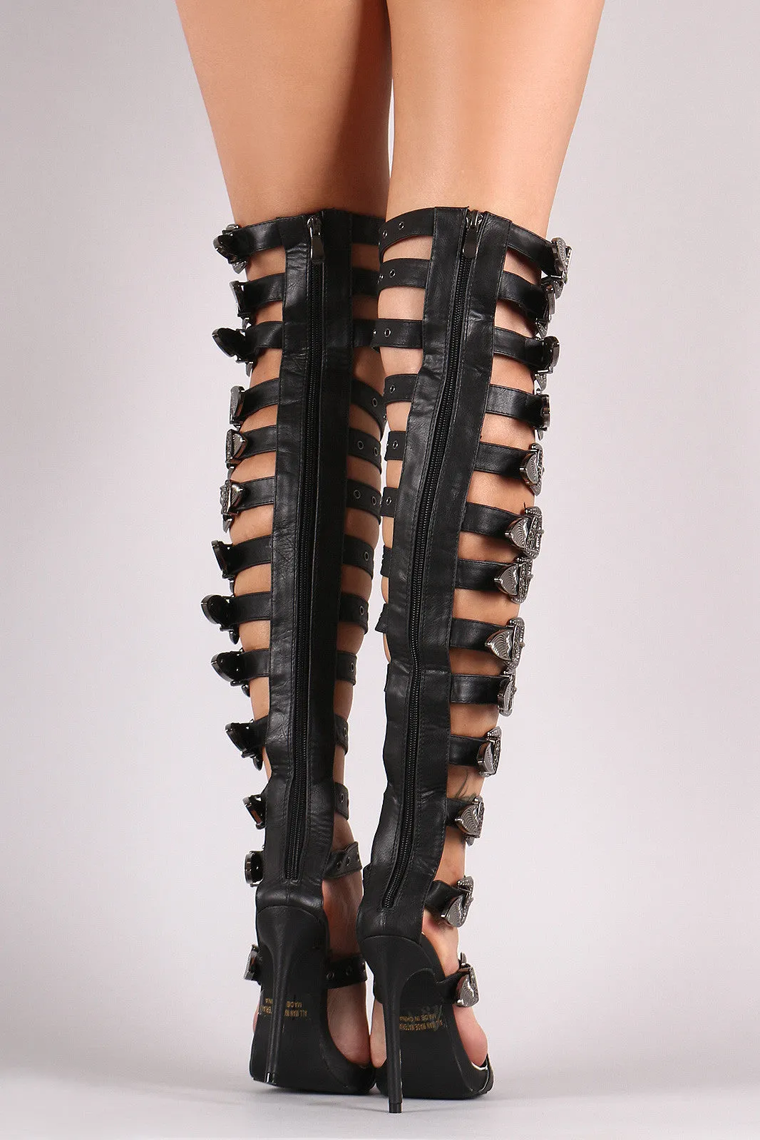 Bora - Strappy Buckled Grommets Thigh High Gladiator Heel