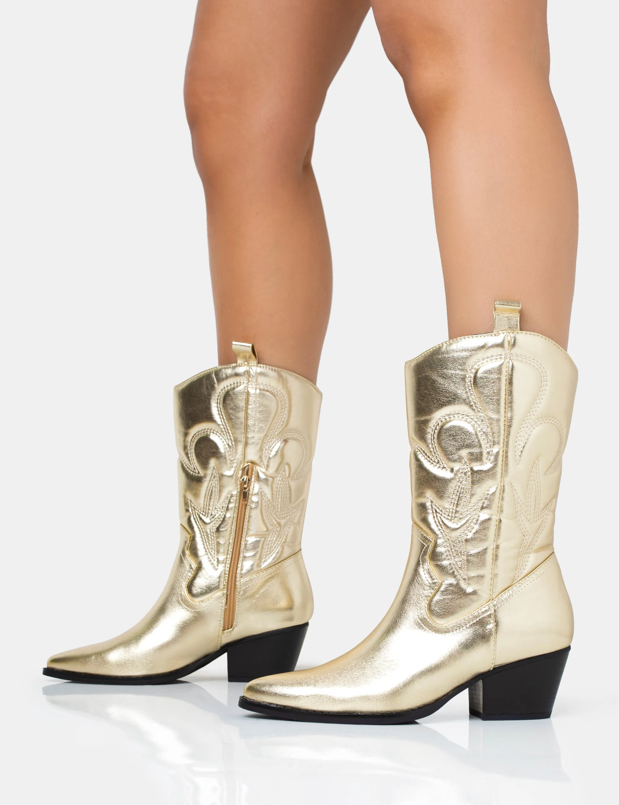 Calabasas Gold Western Embroidered Knee High Pointed Toe Cowboy Boots