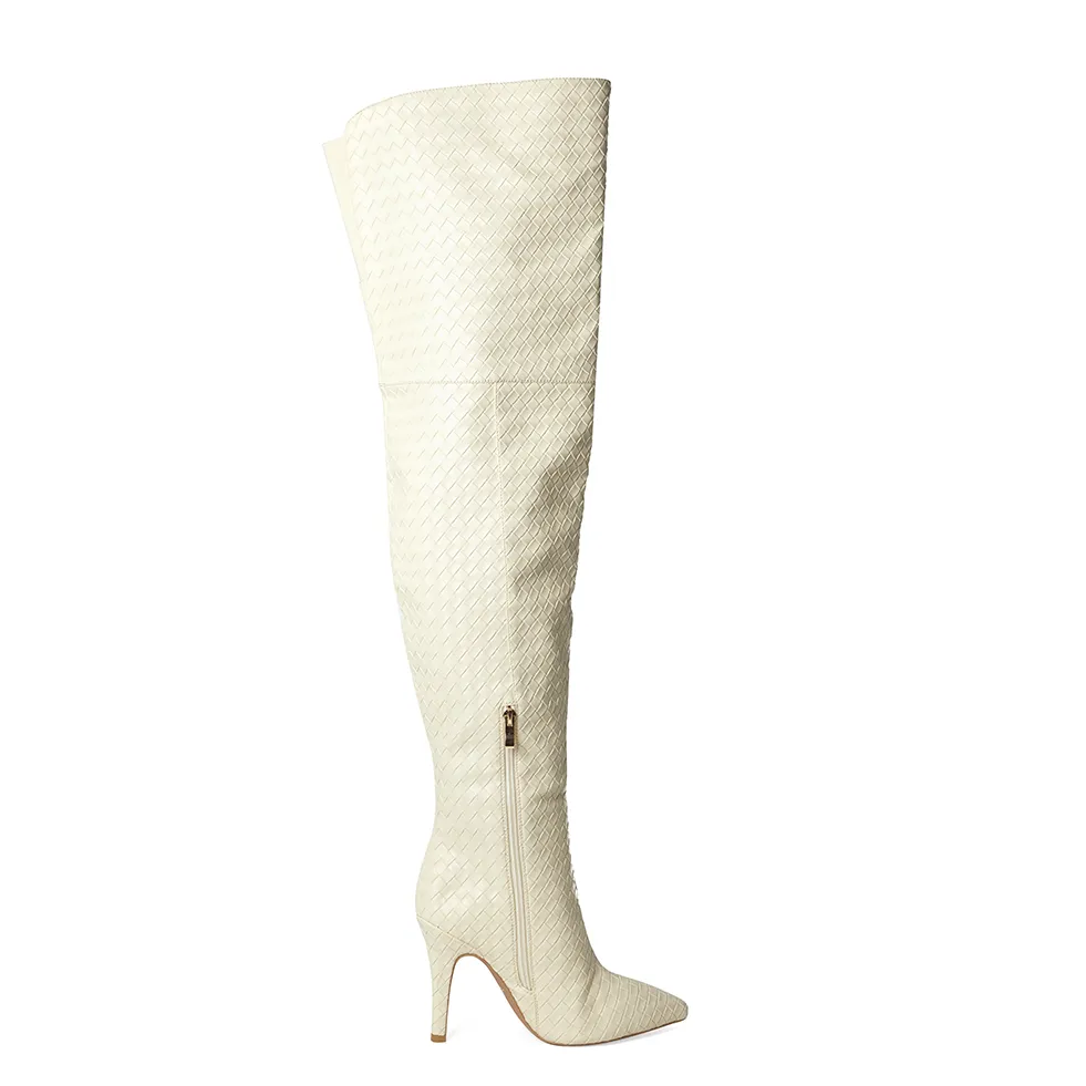 Cher Ivory Woven Thigh High Boots