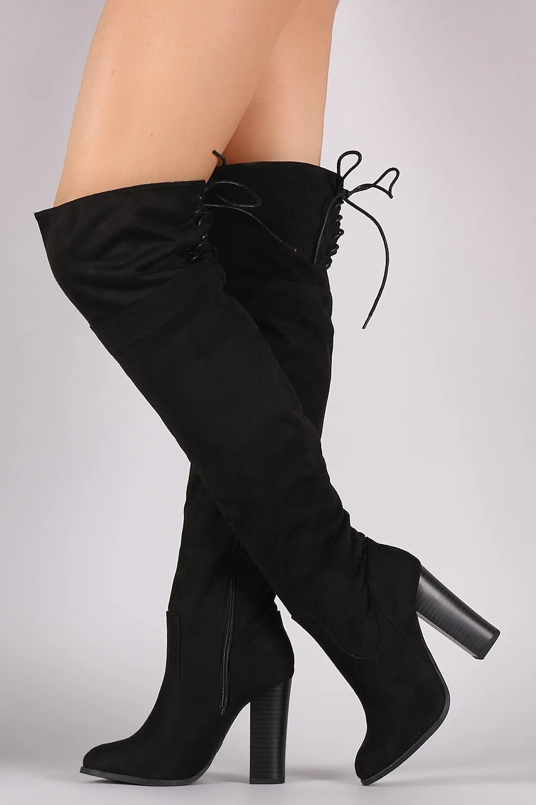 Corset Lace-Up Chunky Heeled Suede Over-The-Knee Boots