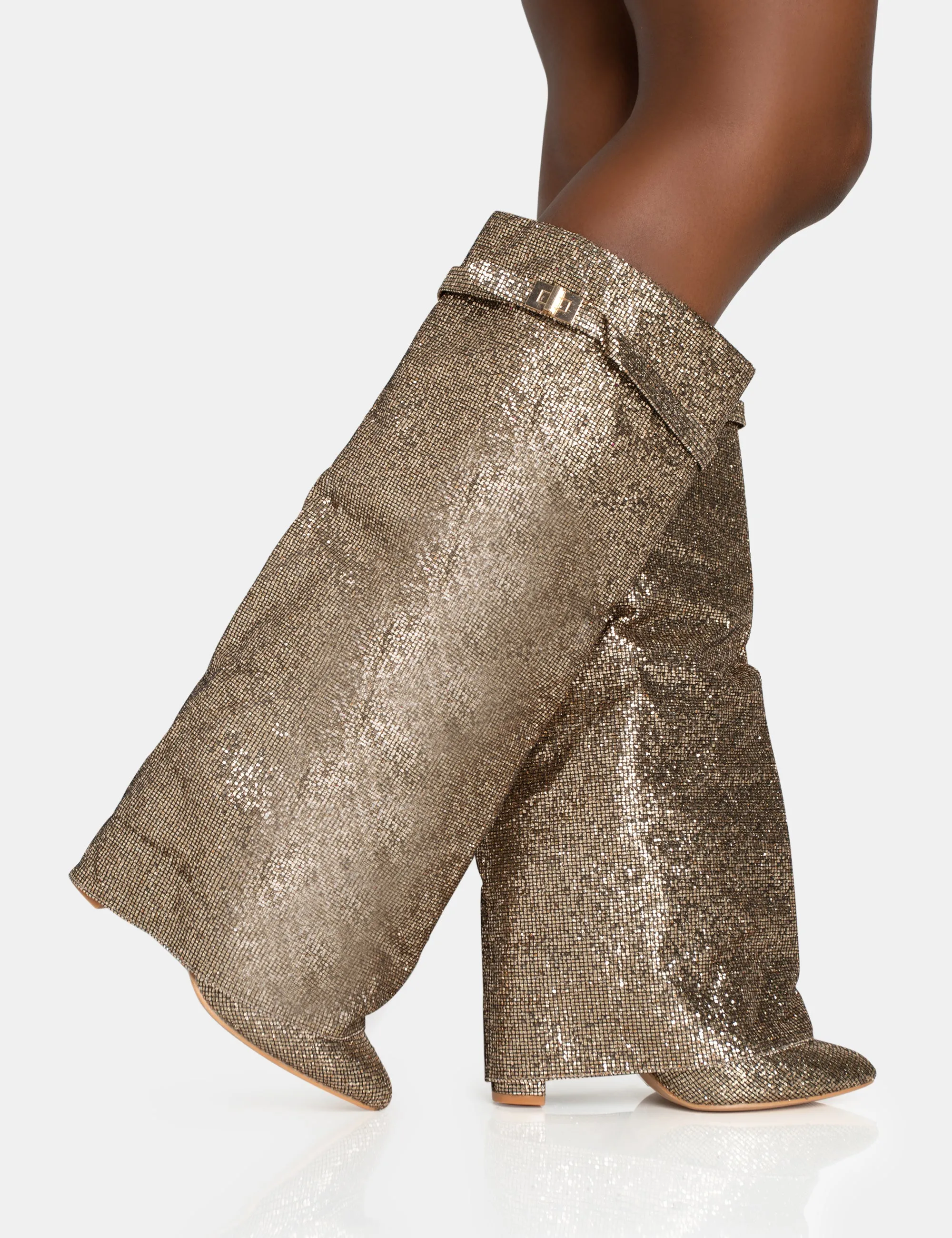 Echo Gold Glitter Twist Lock Detail Fold Over Pointed Toe Knee High Boots