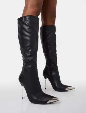 Finery Black Pu Metal Toe Capped Zip Up Knee High Stiletto Boots