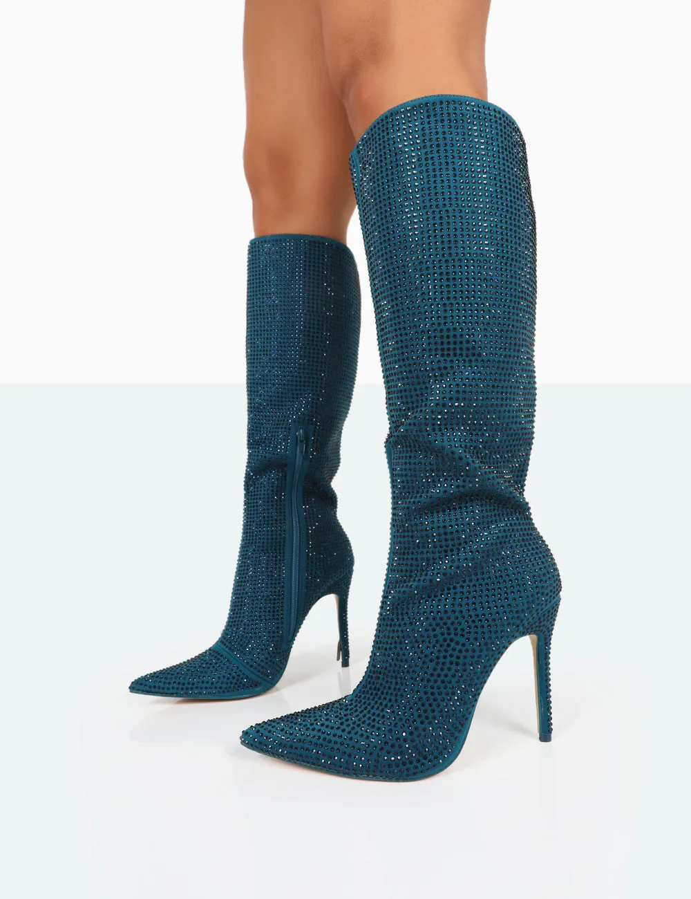 Lexi Teal Diamante Stiletto Knee High Boots