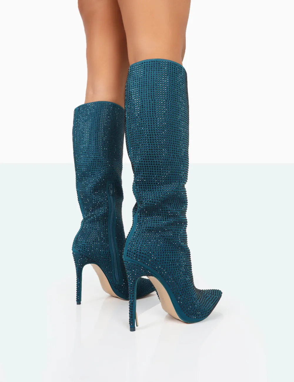 Lexi Teal Diamante Stiletto Knee High Boots