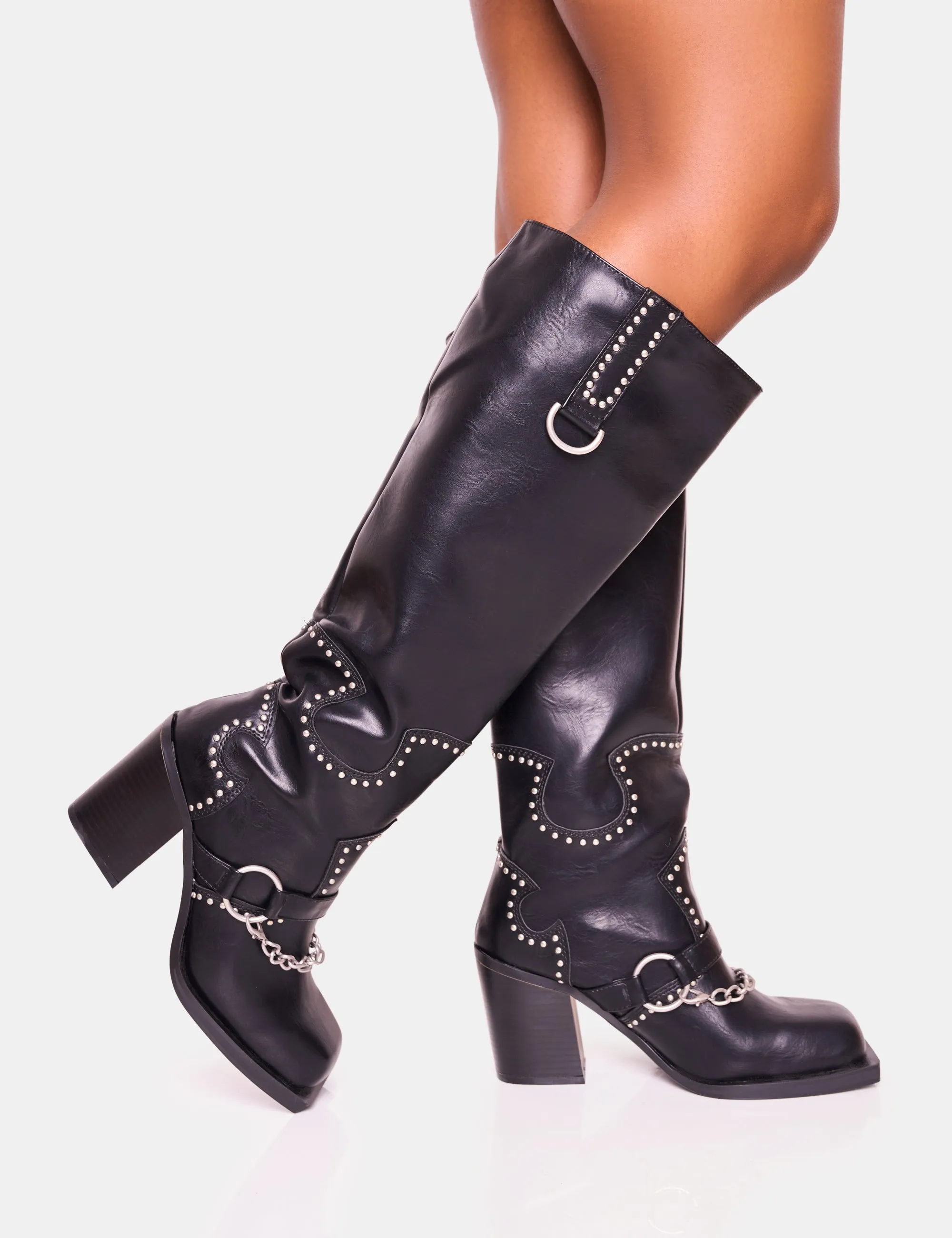 Nashville Black Western Studded Block Heel Knee High Boot