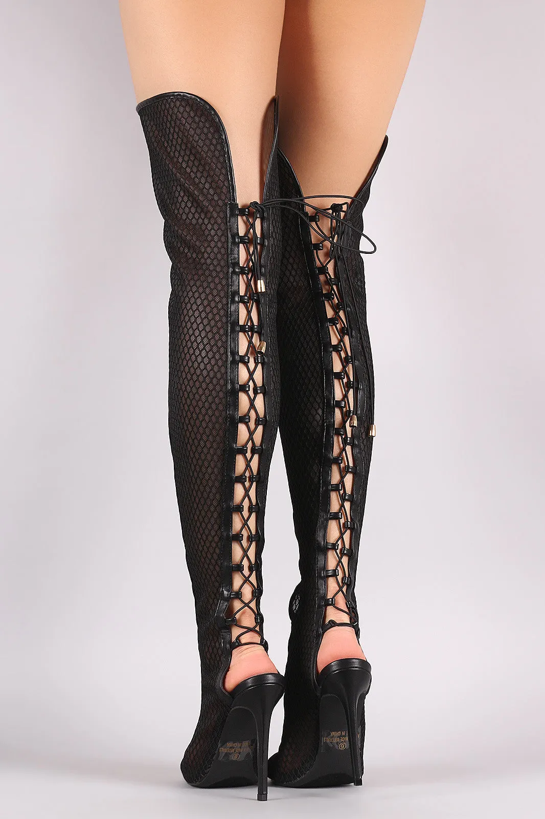 Netted Mesh Corset Lace-Up Stiletto Over-The-Knee Boots