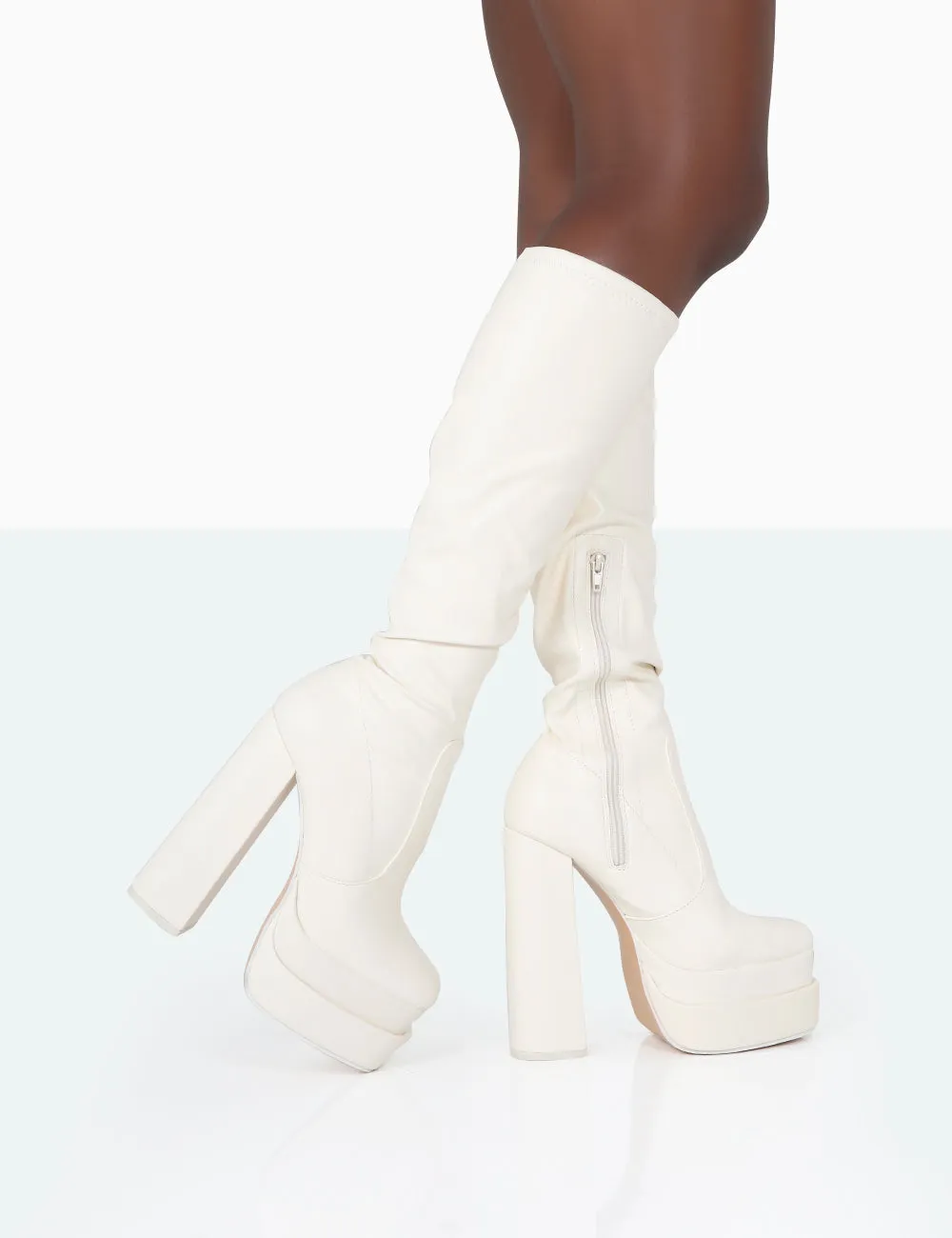 Passive Ecru PU Square Toe Platform Block Heel Over The Knee Boots