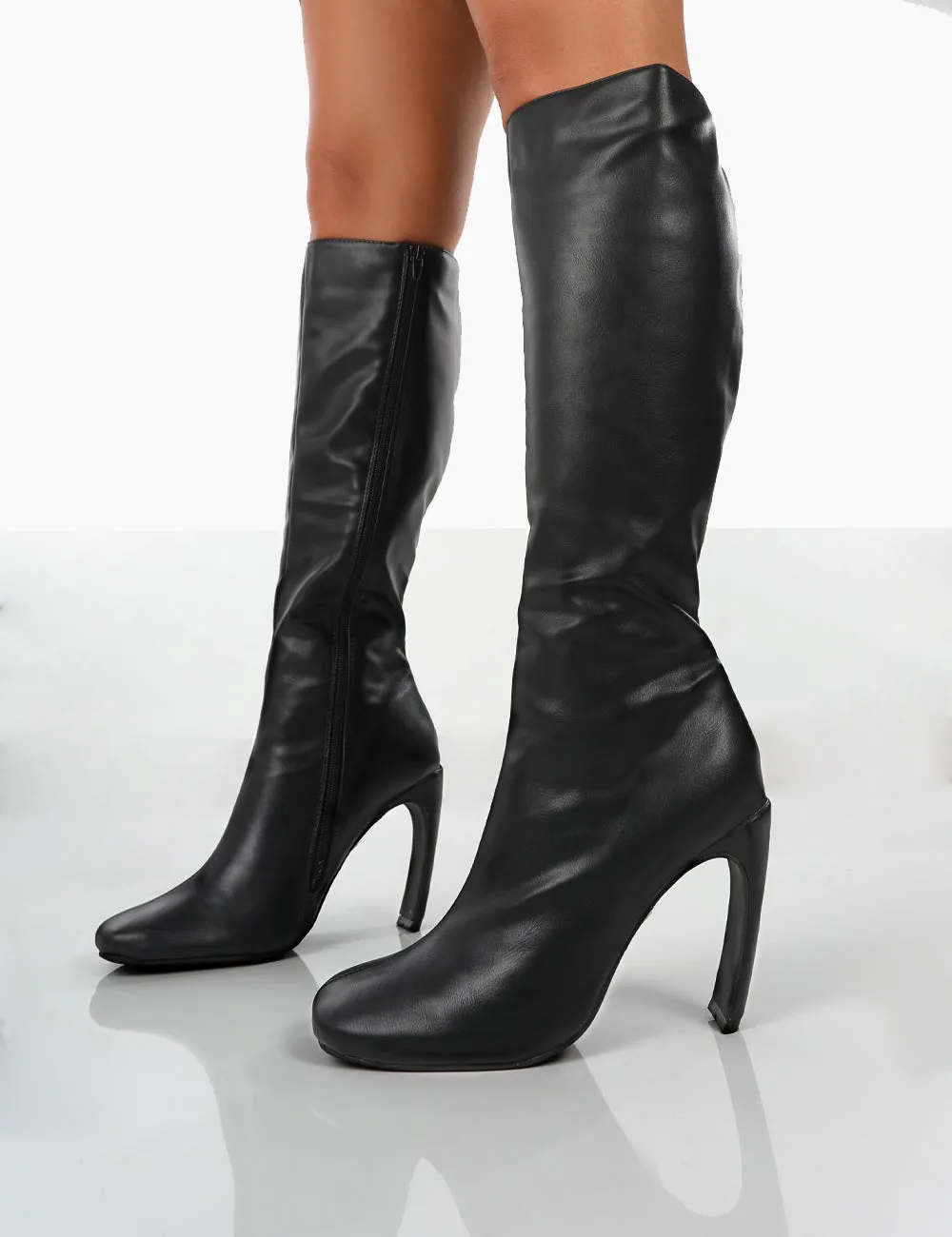 Peppa Black Pu Block Heel Knee High Boots