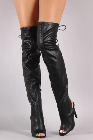 Qupid Leather Peep Toe Over the Knee Boots