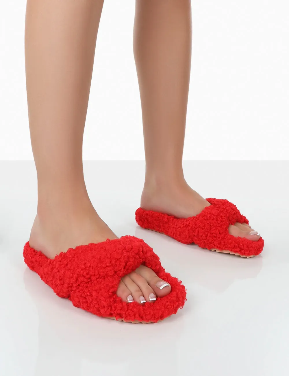 Slumber Red Teddy Cross Over Strap Slippers