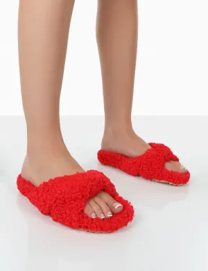 Slumber Red Teddy Cross Over Strap Slippers