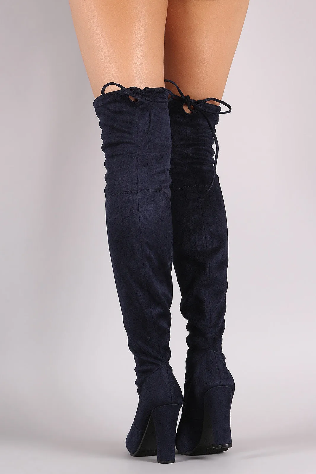 Suede Drawstring Tie Almond Toe Heeled Boots