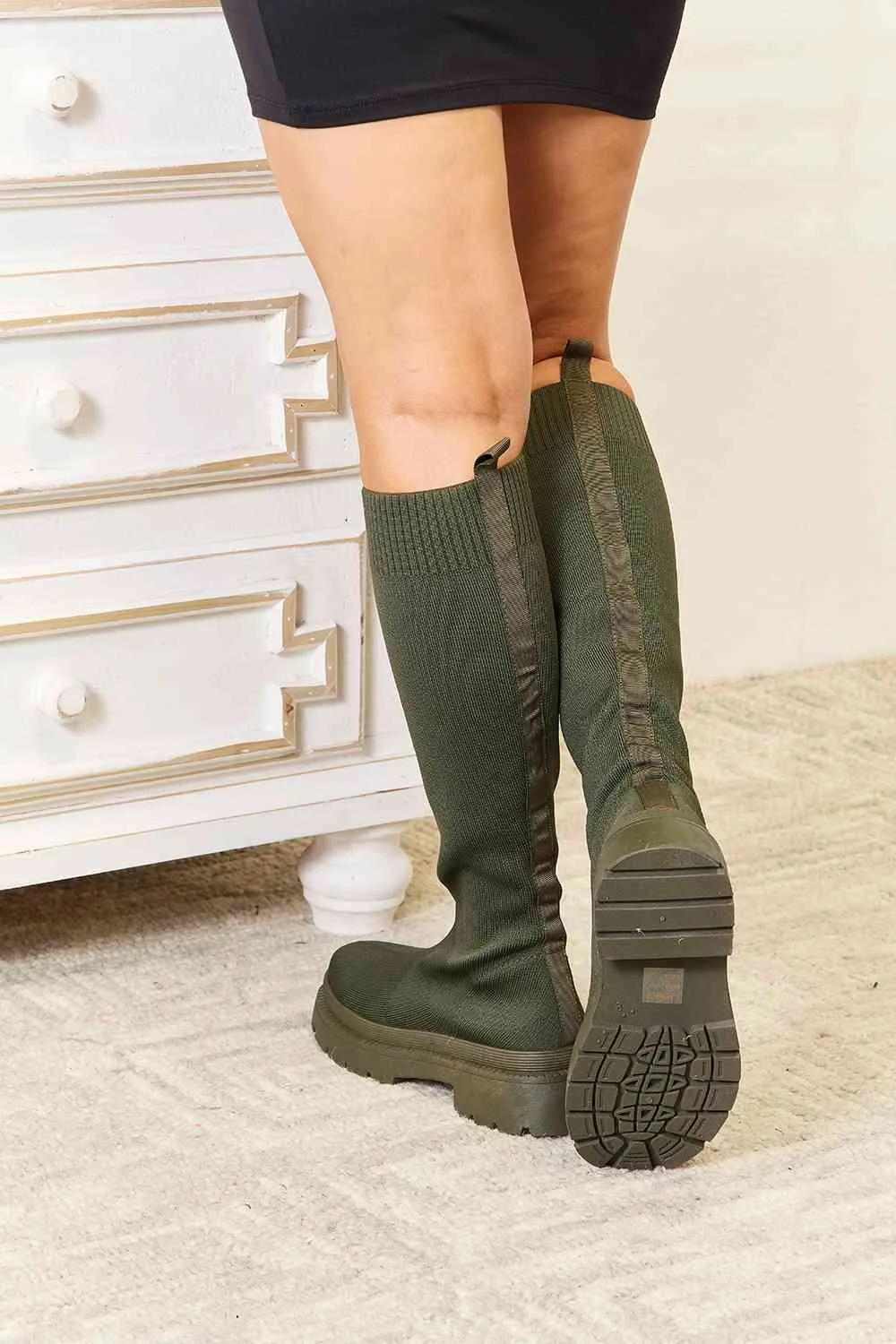 TEEK - Knee High Platform Sock Olive Boots