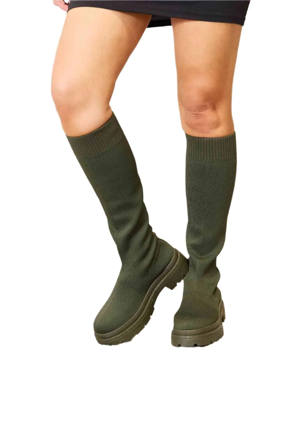 TEEK - Knee High Platform Sock Olive Boots