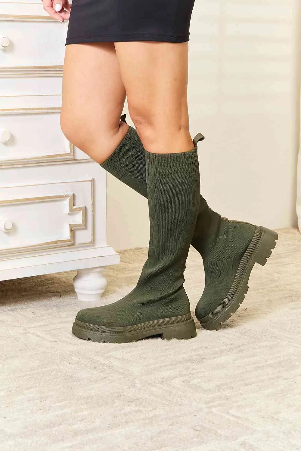 TEEK - Knee High Platform Sock Olive Boots