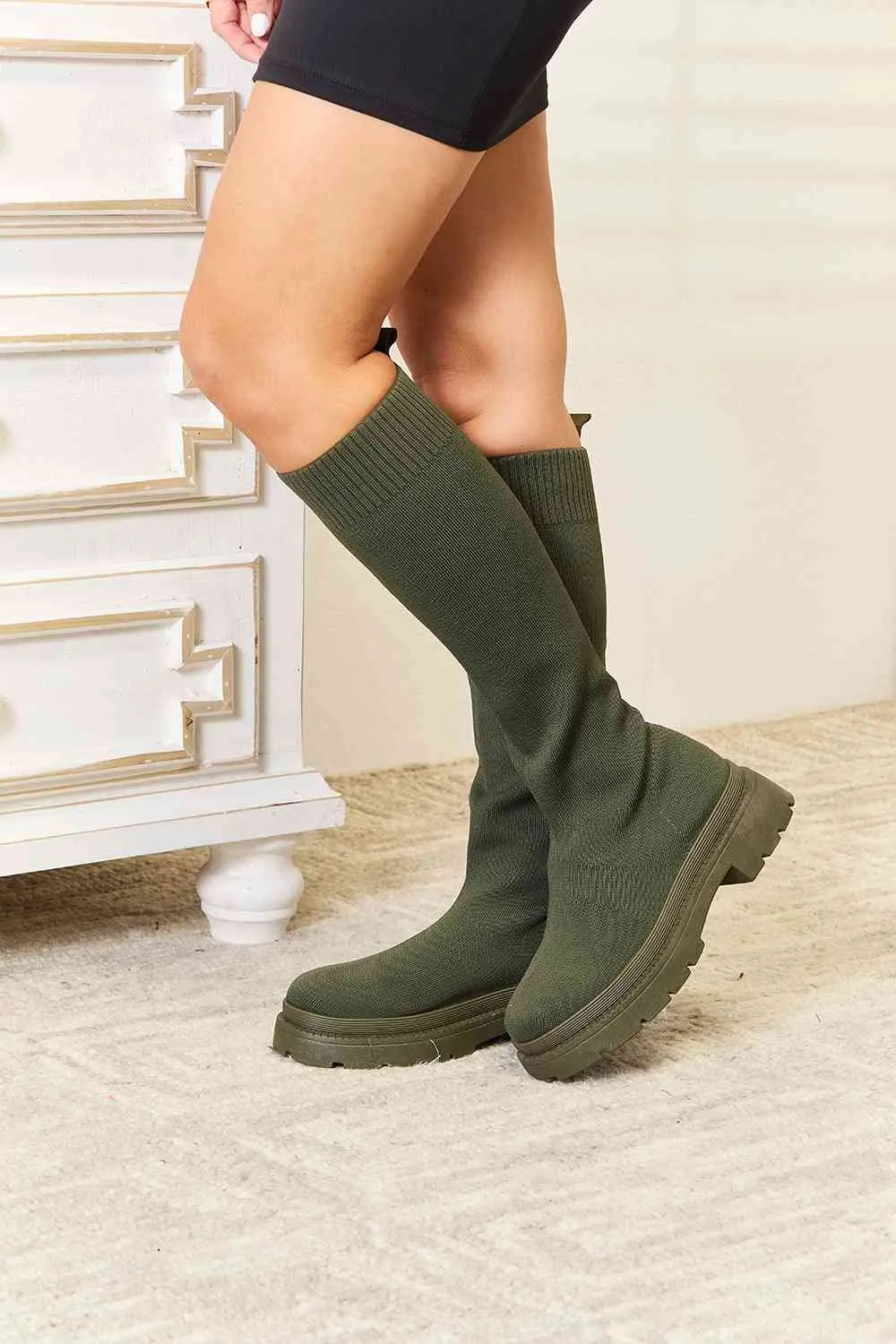 TEEK - Knee High Platform Sock Olive Boots