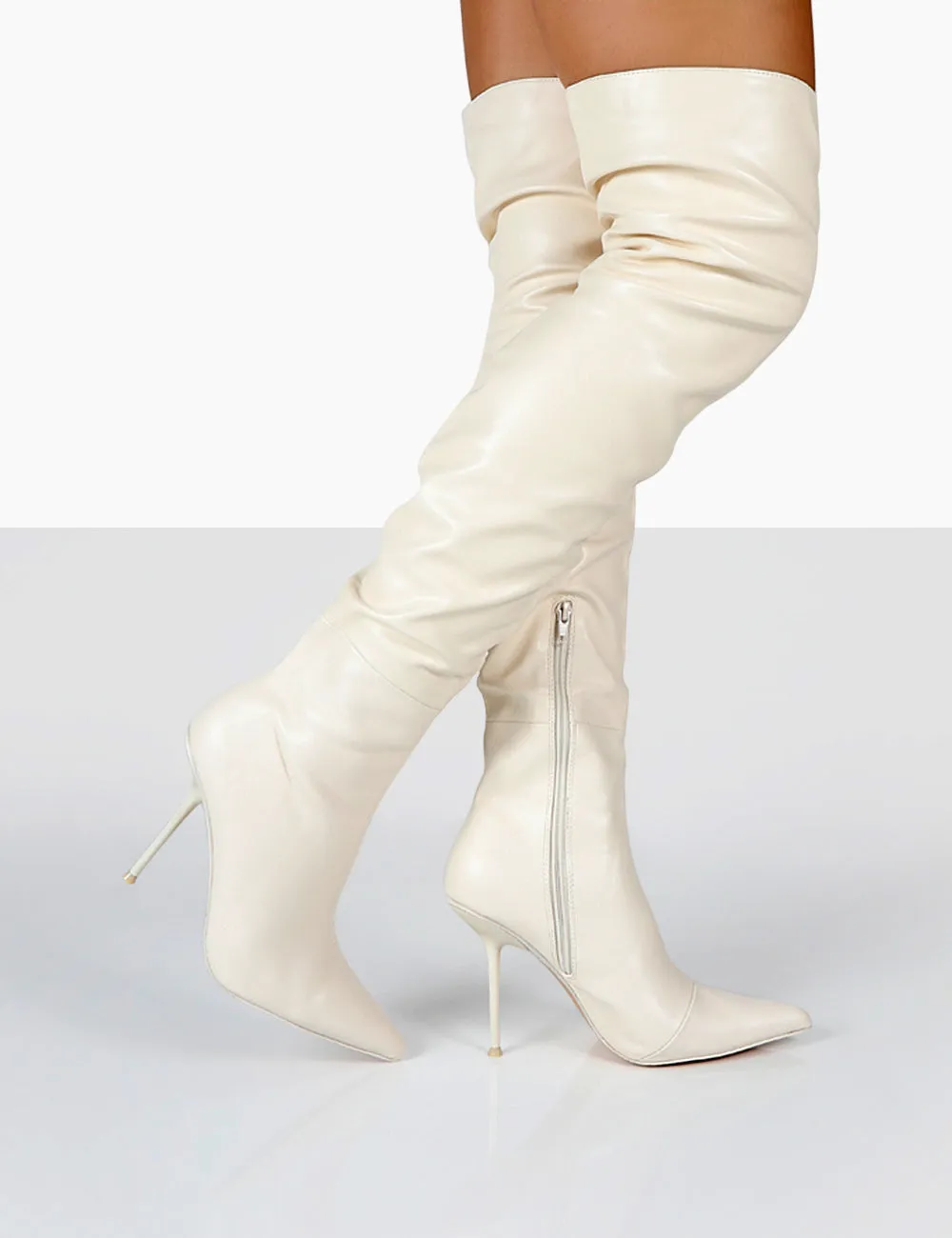 Tianna Ecru Pu Pointed Toe Over The Knee Stiletto Boots