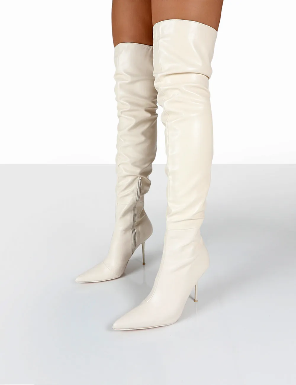 Tianna Ecru Pu Pointed Toe Over The Knee Stiletto Boots