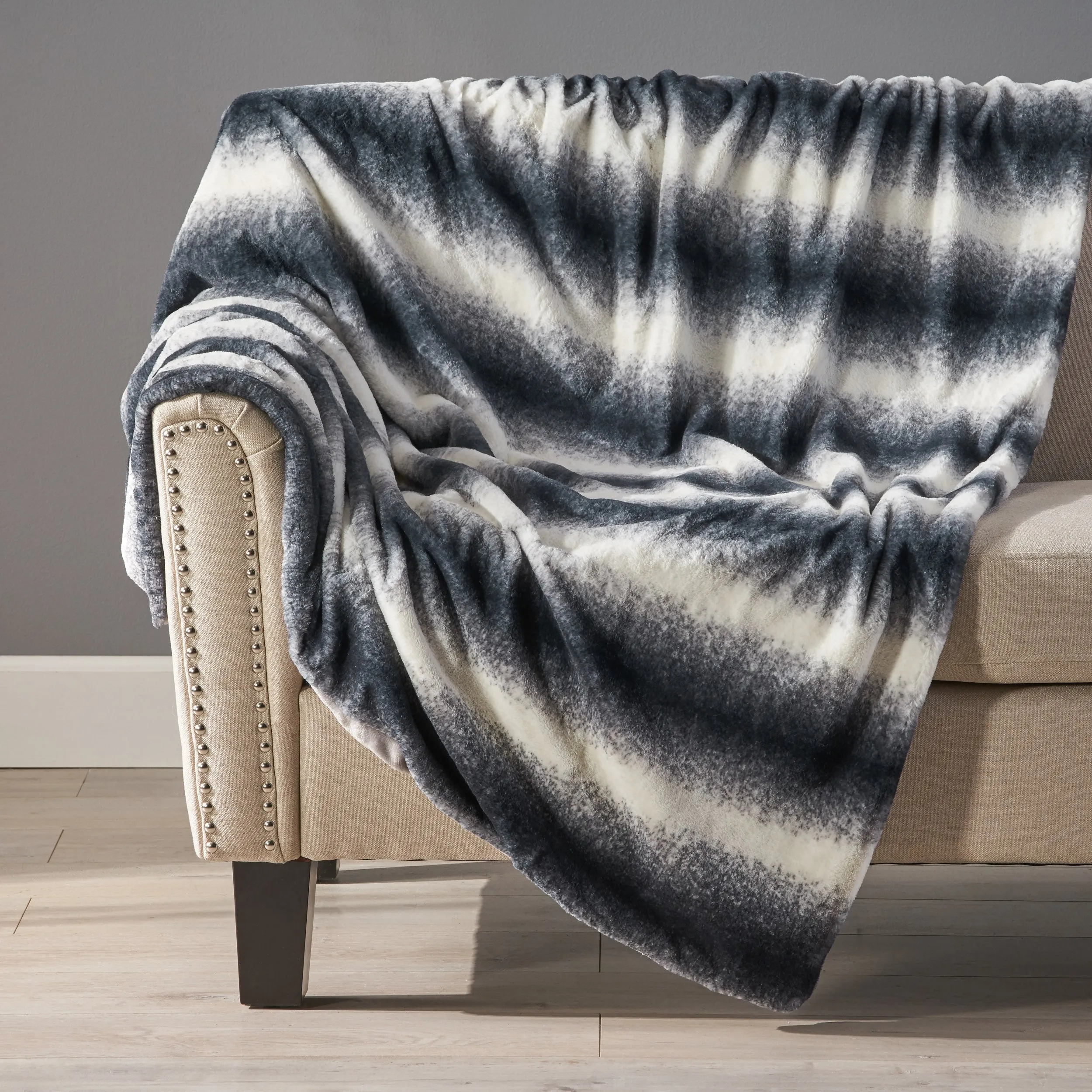 Tuscan Faux Fur Throw Blanket, Black with White Stripes